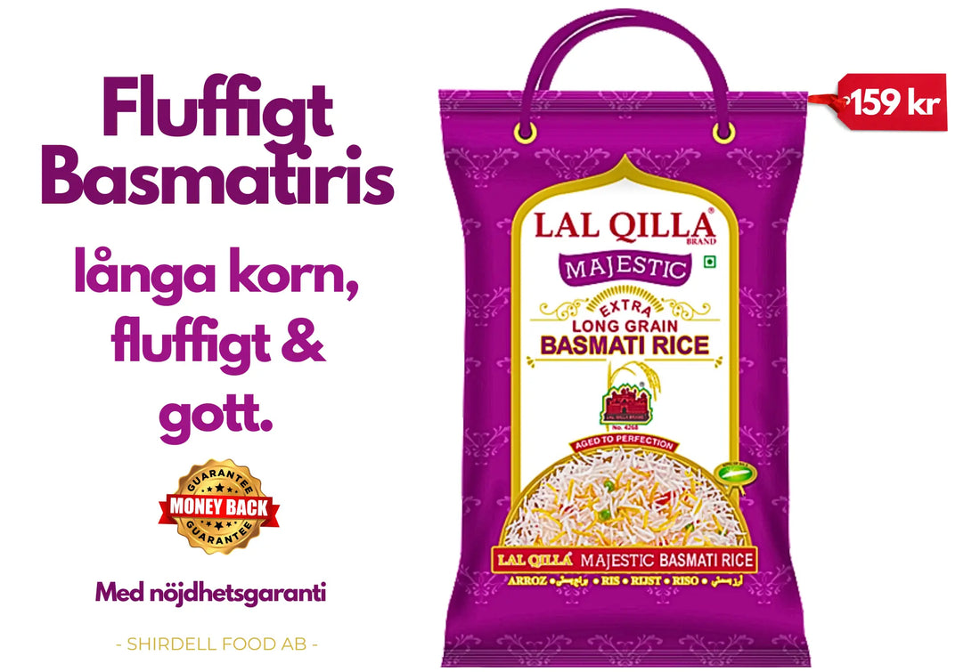 Påse Lal Qilla Majestic extra långkornigt basmatiris, lila förpackning, pris 159 kr.