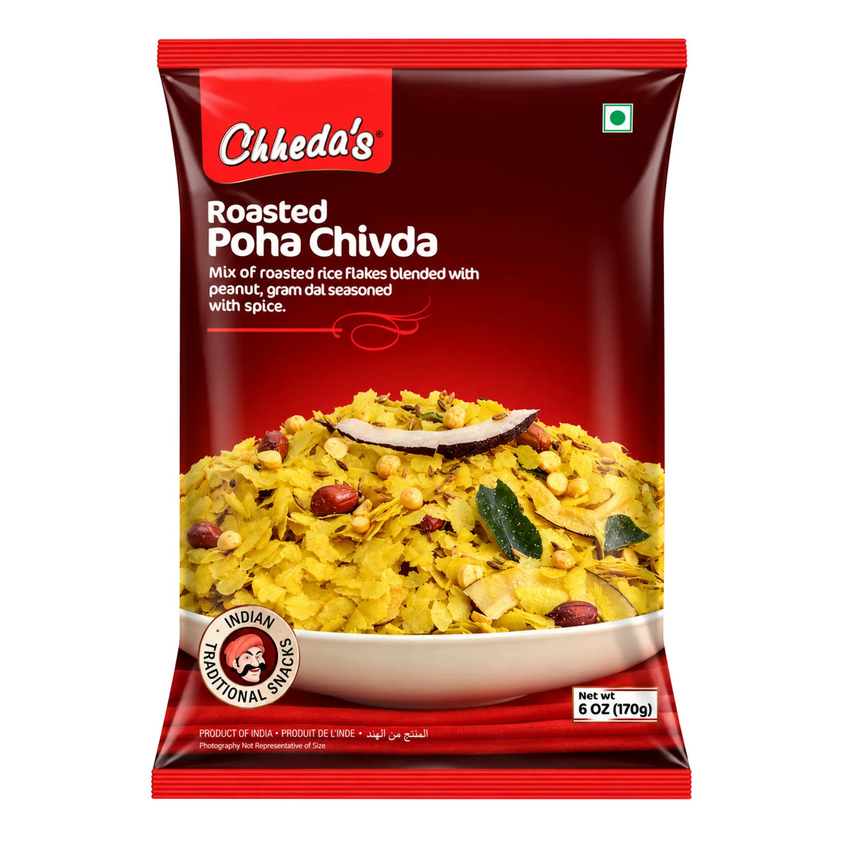 Förpackning av Chheda’s Roasted Poha Chivda 170g rostat indiskt snack på pressat ris