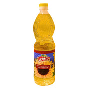 Plastflaska med solrosolja Lebsan 810 ml, gul etikett med solrosmotiv, livsmedel.