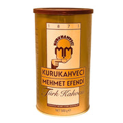 Guldfärgad burk Kurukahveci Mehmet Efendi turkiskt kaffe 500g, orientaliskt kaffe.