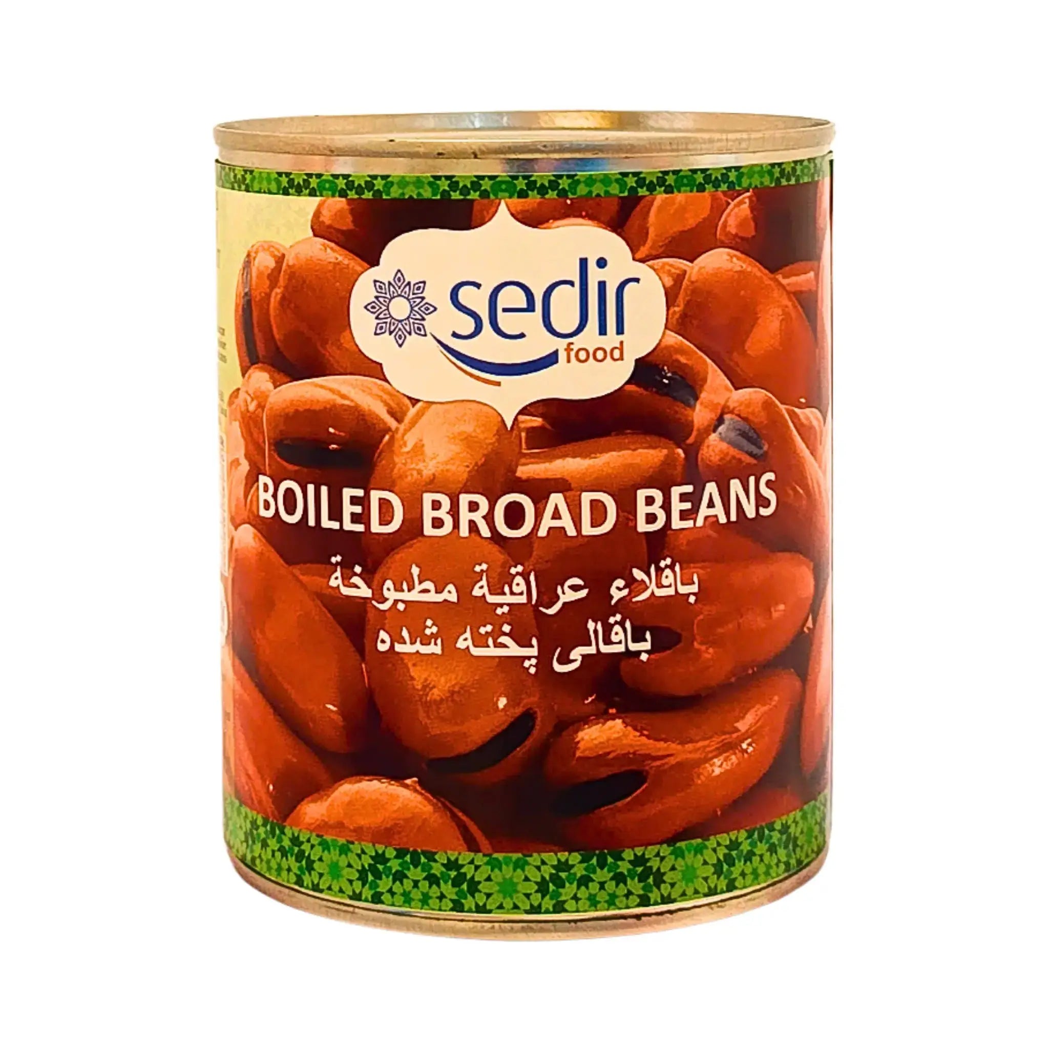 Konservburk med kokta bondbönor från Sedir Food, närbild av bönor på etiketten.