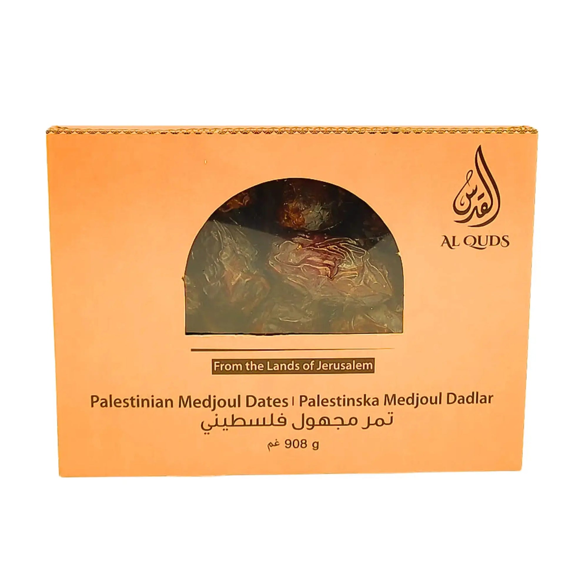 Förpackning med palestinska Medjoul dadlar 908g, orientalisk design och fönster som visar dadlarna.