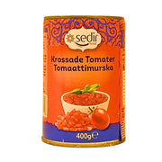 Burk med krossade tomater, 400g, orientalisk design och tomatbild på etiketten