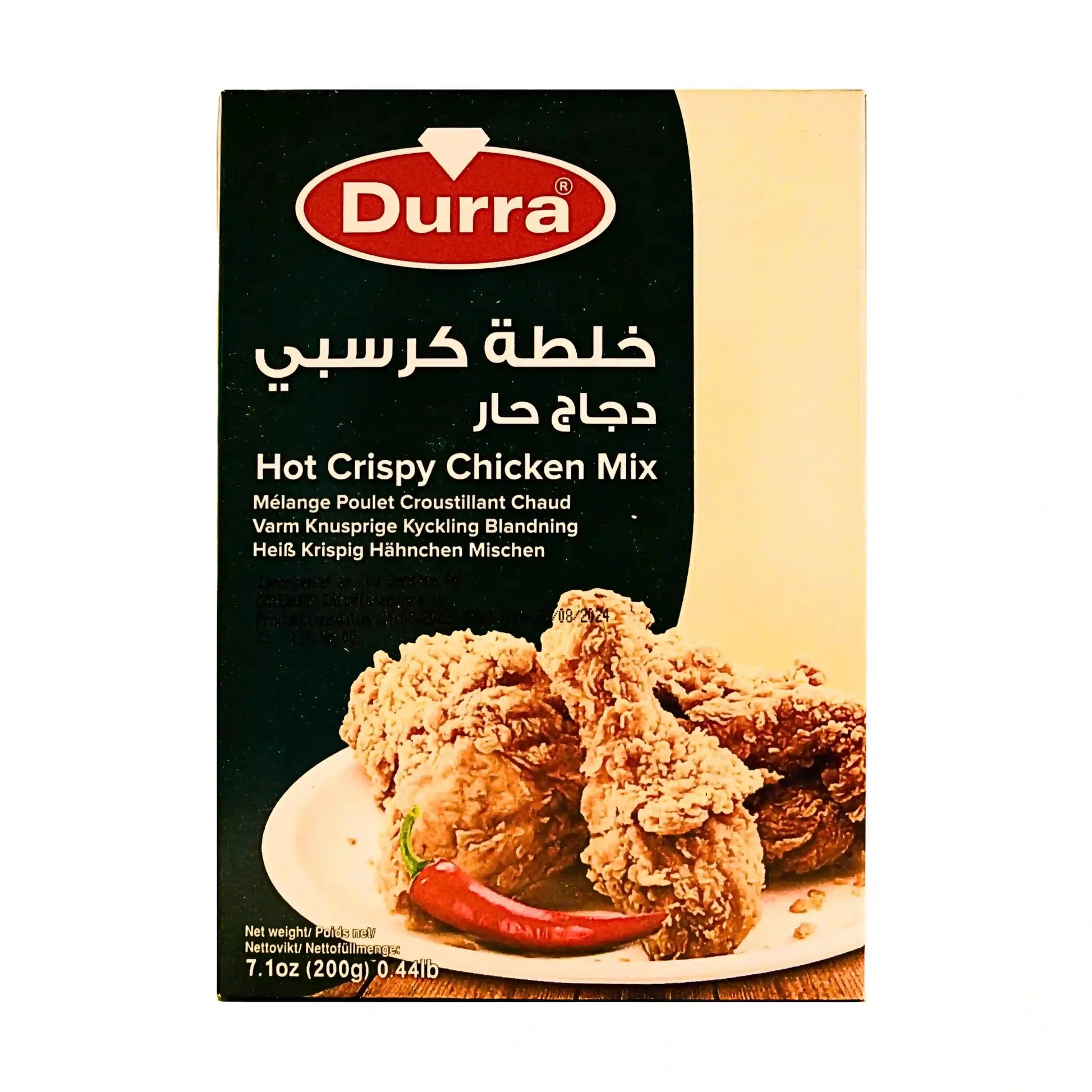Durra Hot Crispy Chicken Mix för krispig och stark kyckling, förpackning med bild på friterad kyckling och chili.
