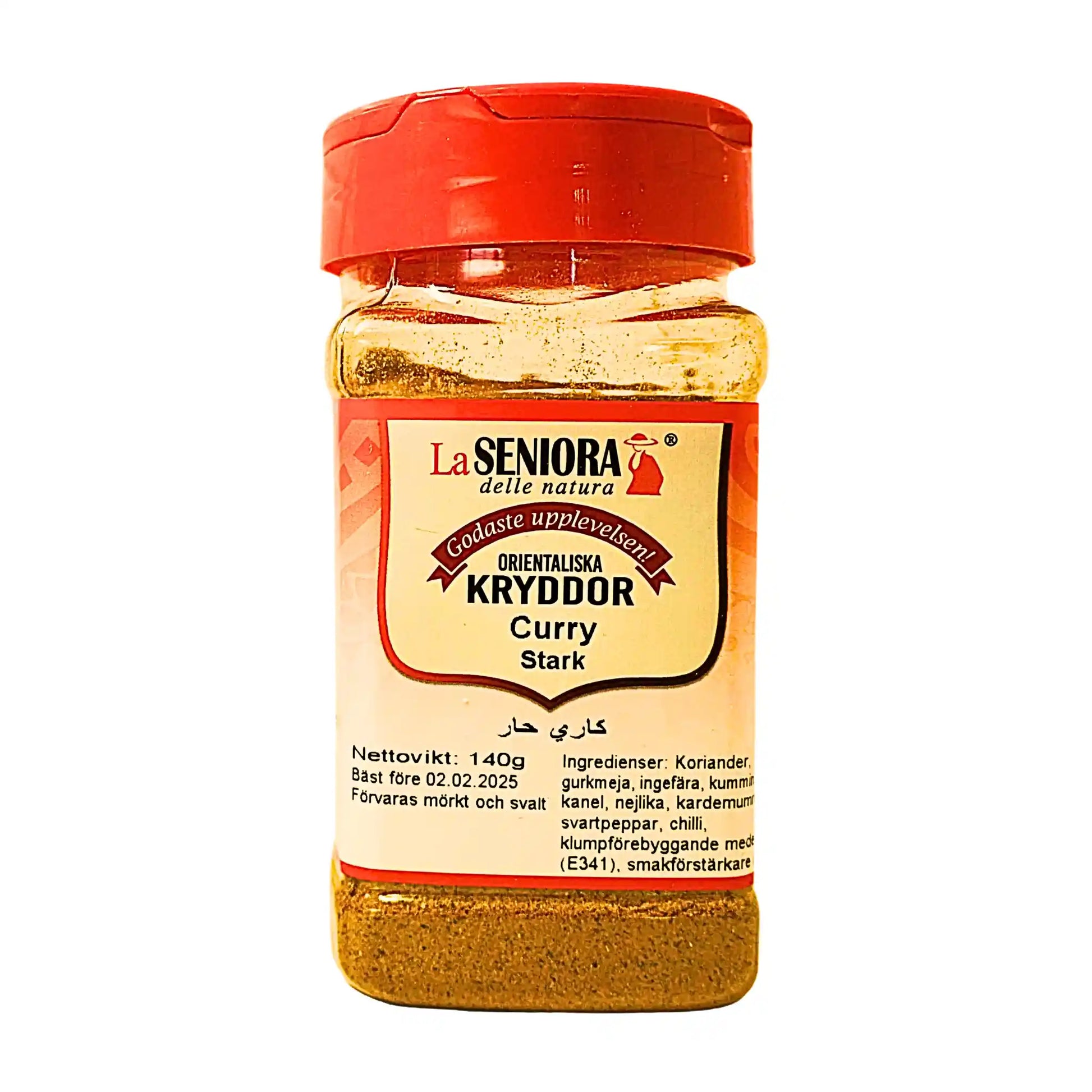 Burk med stark curry orientalisk krydda, 140g, med röd plastlock mot vit bakgrund.