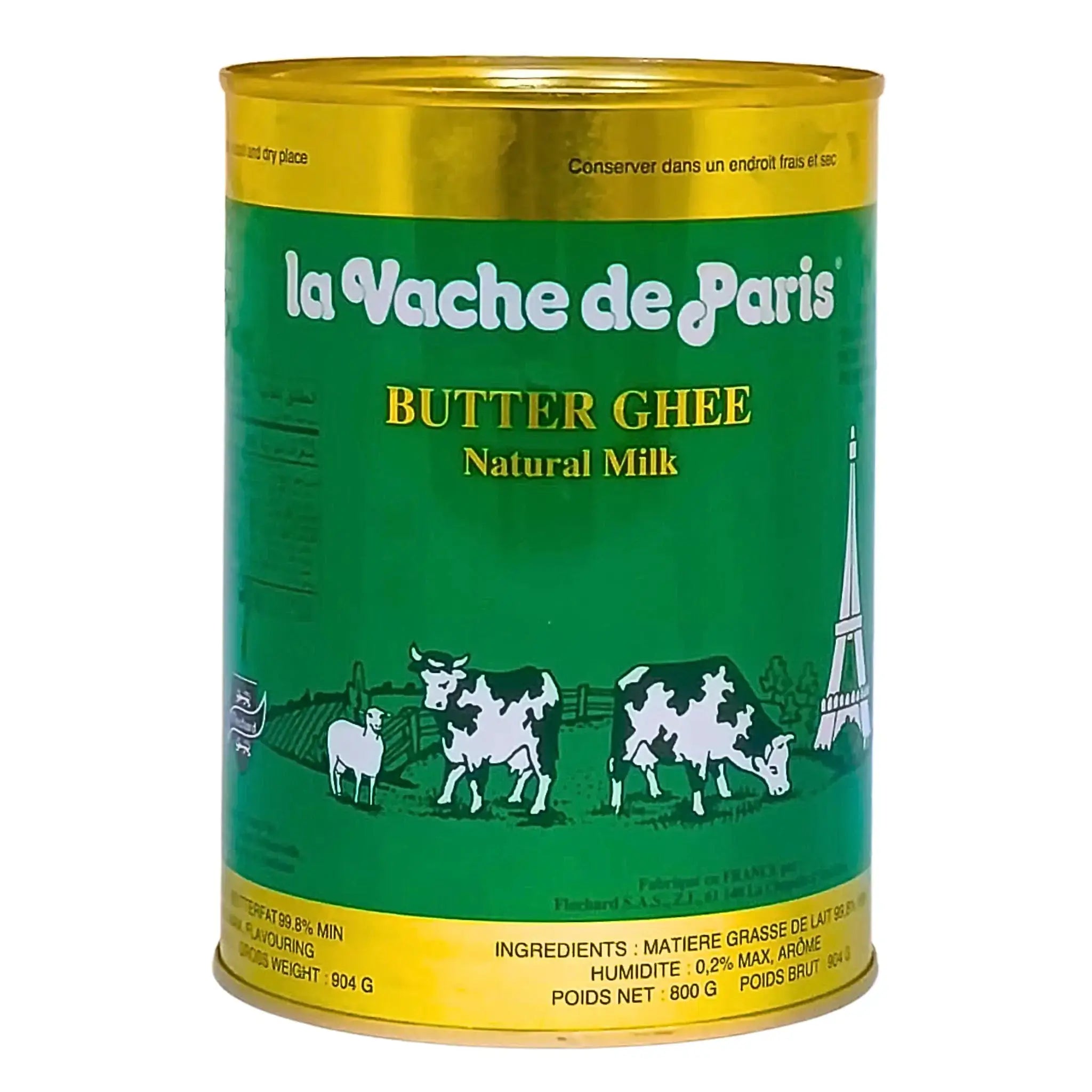 Grön burk med La Vache de Paris smör ghee, 800g, illustration av kor och Eiffeltornet.