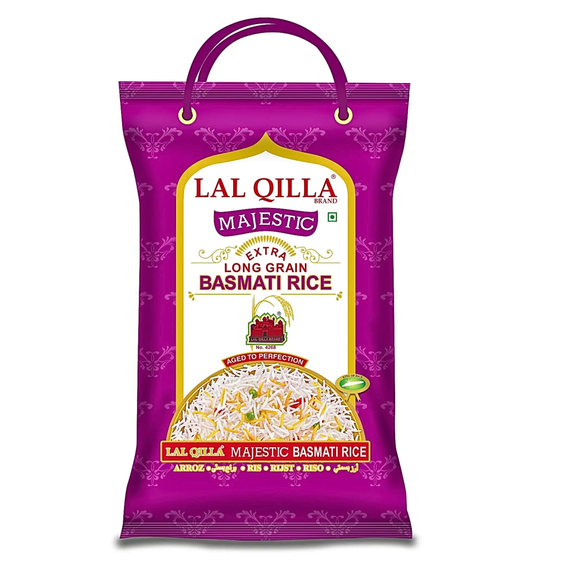 Lila förpackning med extra långkornigt basmatiris, Lal Qilla Majestic 5 kg.