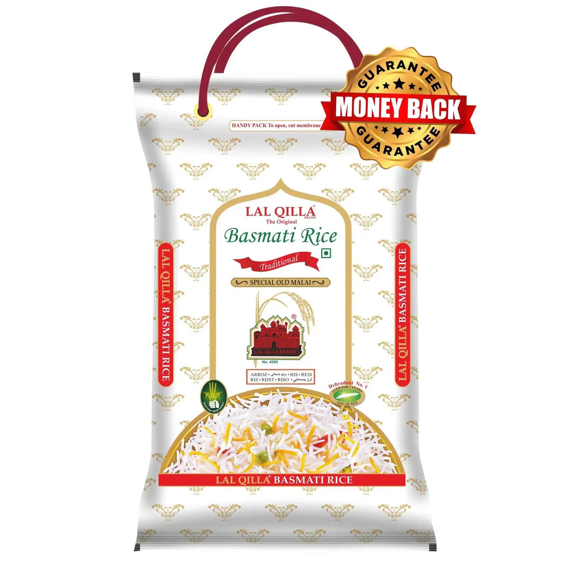 5 kg påse basmatiris, vit förpackning med rött handtag och risbild, texten 'money back guarantee'.