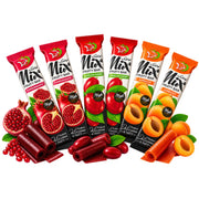 Fruktbarsmix med granatäpple, körsbär och aprikos, flera färgglada förpackningar