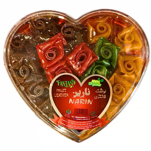 Lavashak Narin 250g – Fruktläder i Hjärtformad Ask, Blomformade Rullar