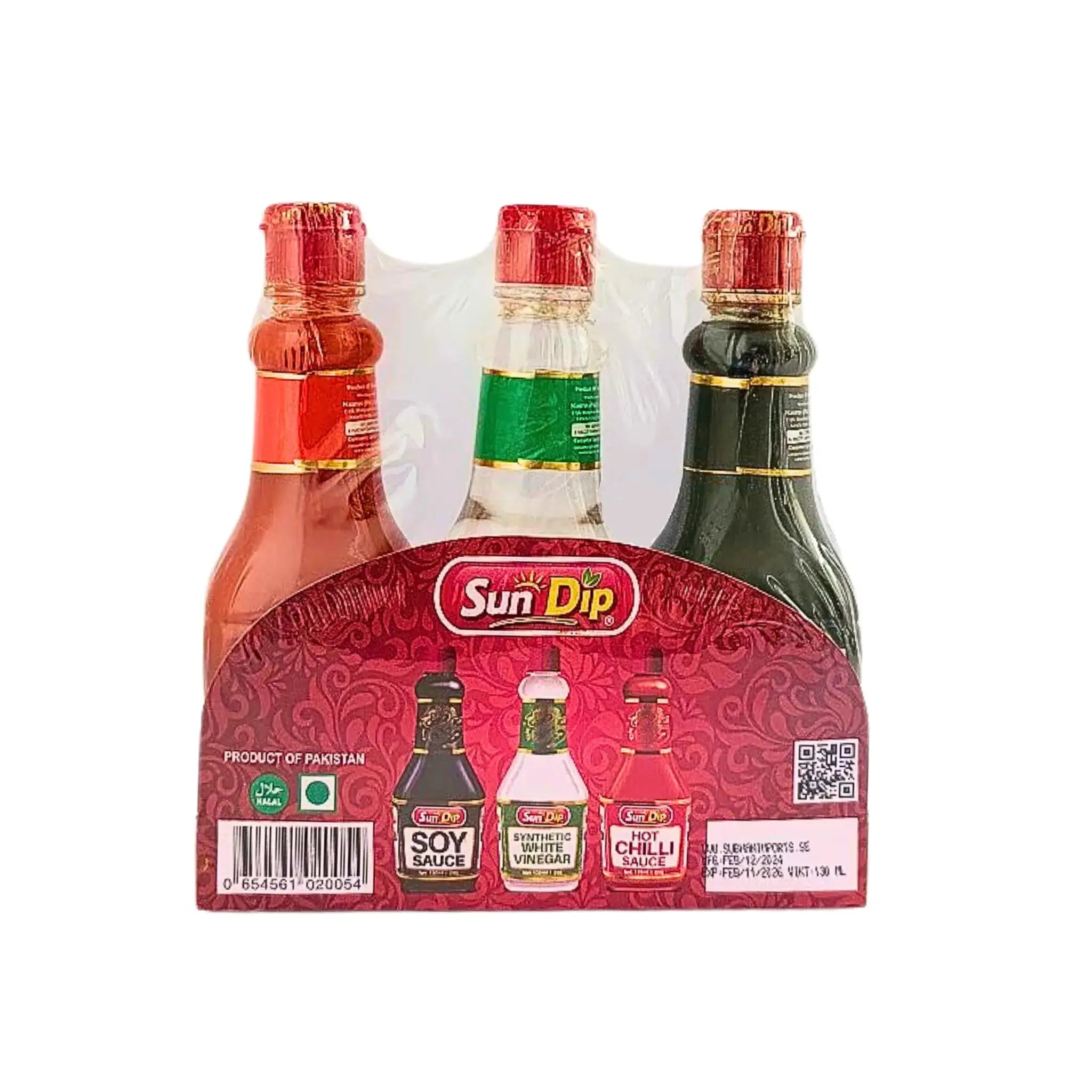 Tre flaskor Sun Dip sojasås, vinäger och chilisås 120 ml i förpackning.