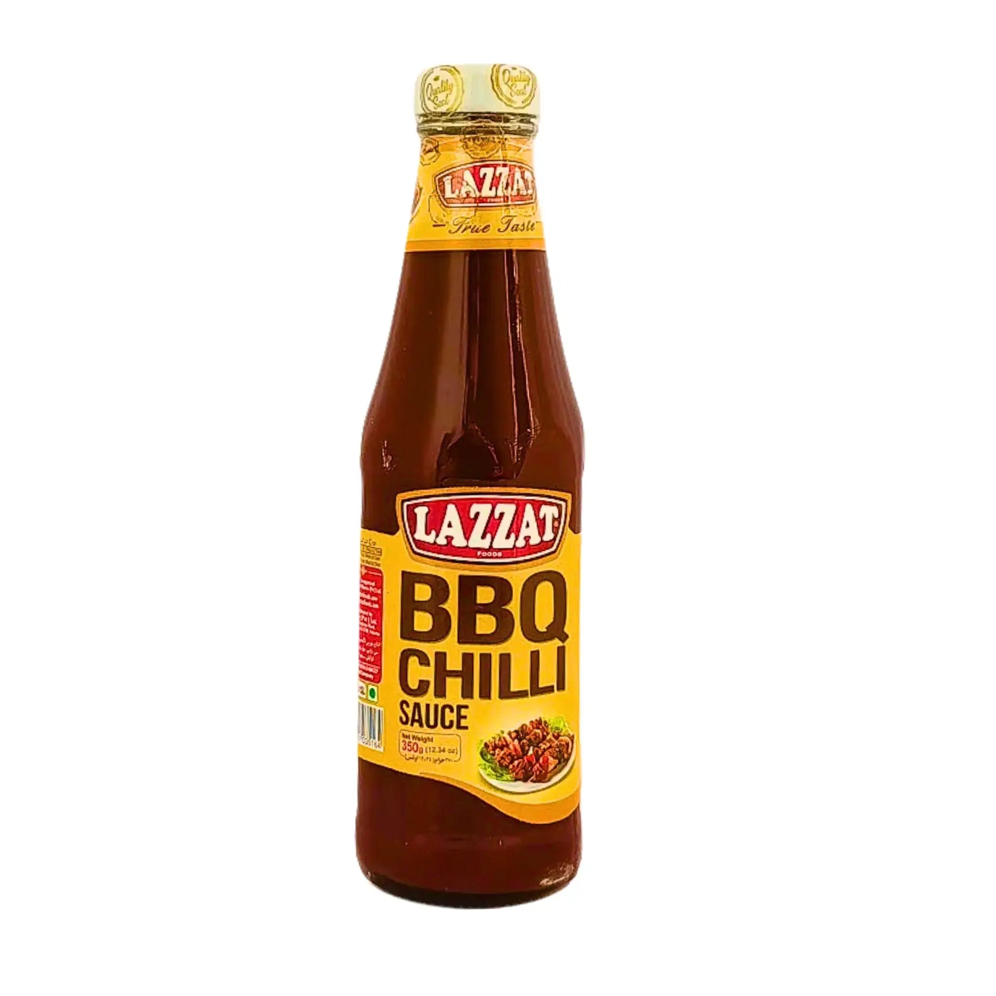 Flaska med Lazzat BBQ Chilli Sauce 330g, orientaliskt stark grillsås mot vit bakgrund.