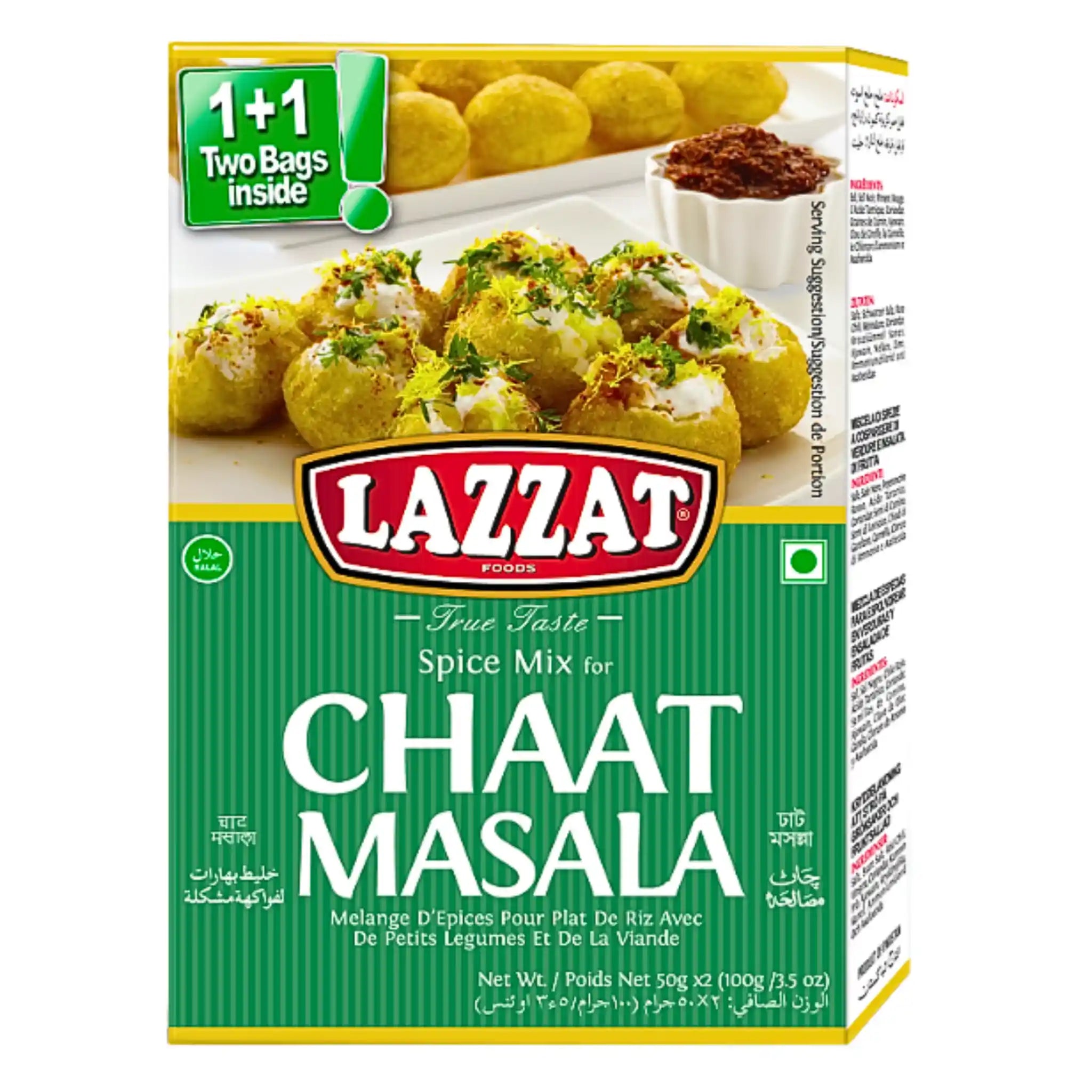 Lazzat Chaat Masala 100g kryddmix för chaat, grön förpackning med serveringsförslag.