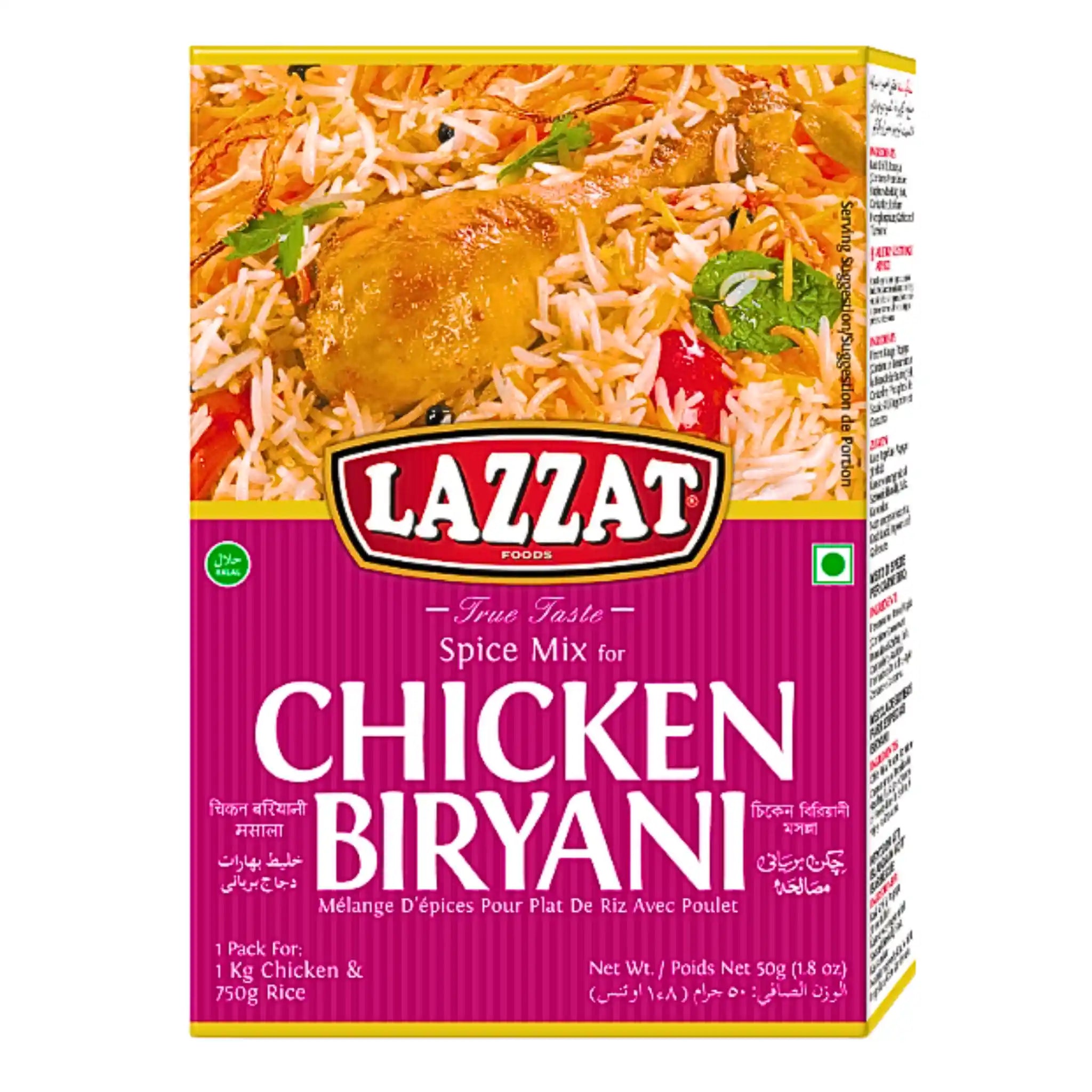 Lazzat kryddblandning för chicken biryani, förpackning med ris och kycklingbild.