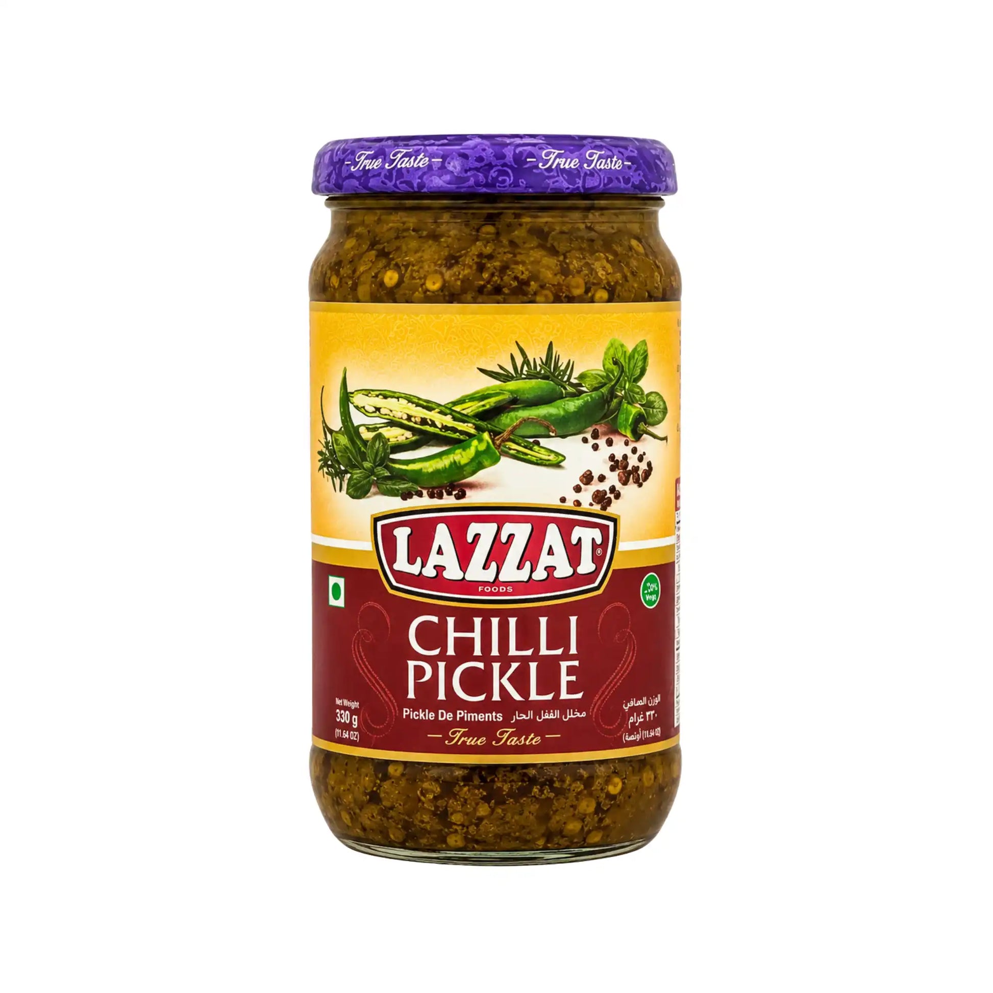Glasburk med chilipeppar i olja, etikett Lazzat, lila lock, 330 g