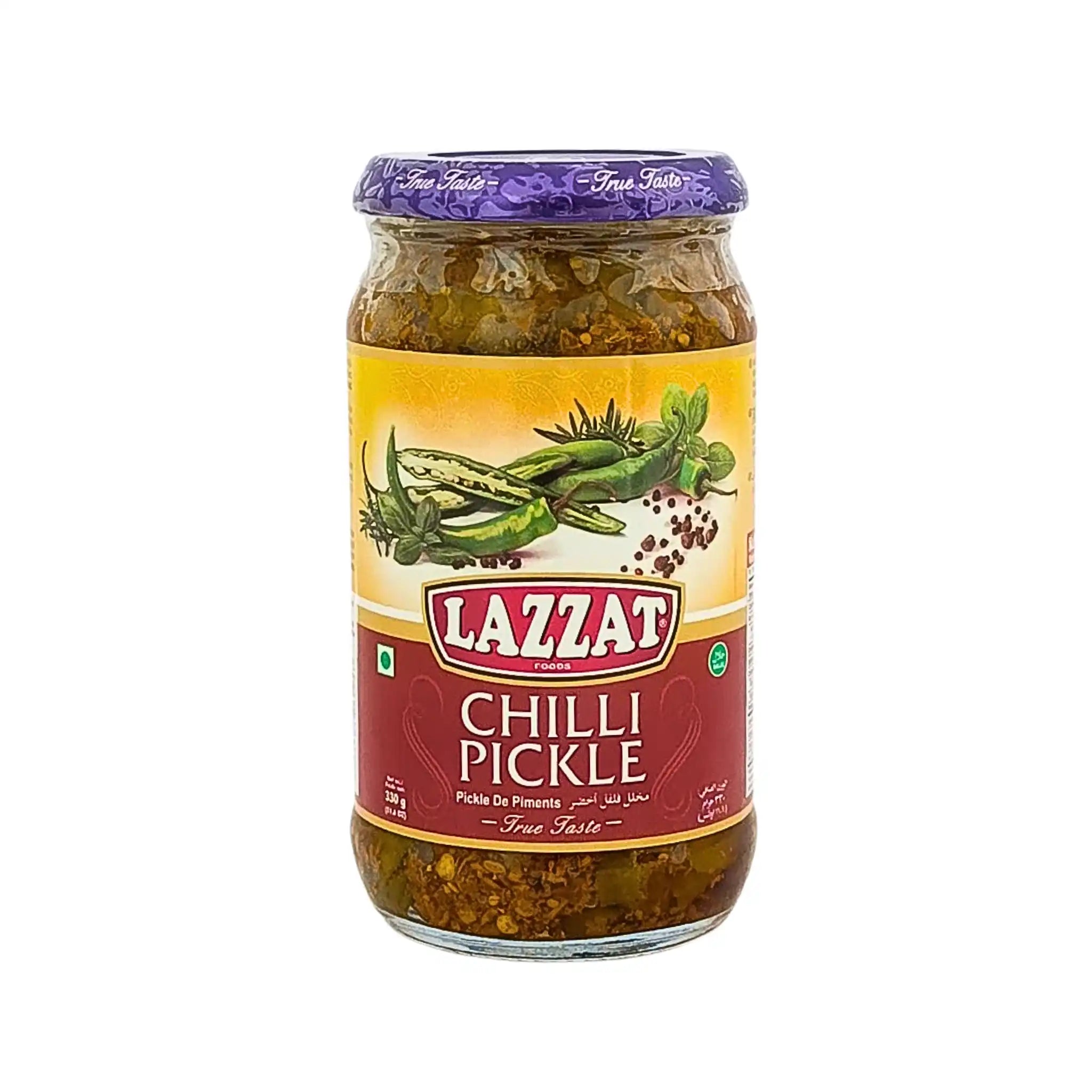 Glasburk med Lazzat chili pickle i olja, stark inlagd chili, orientaliskt kryddad.