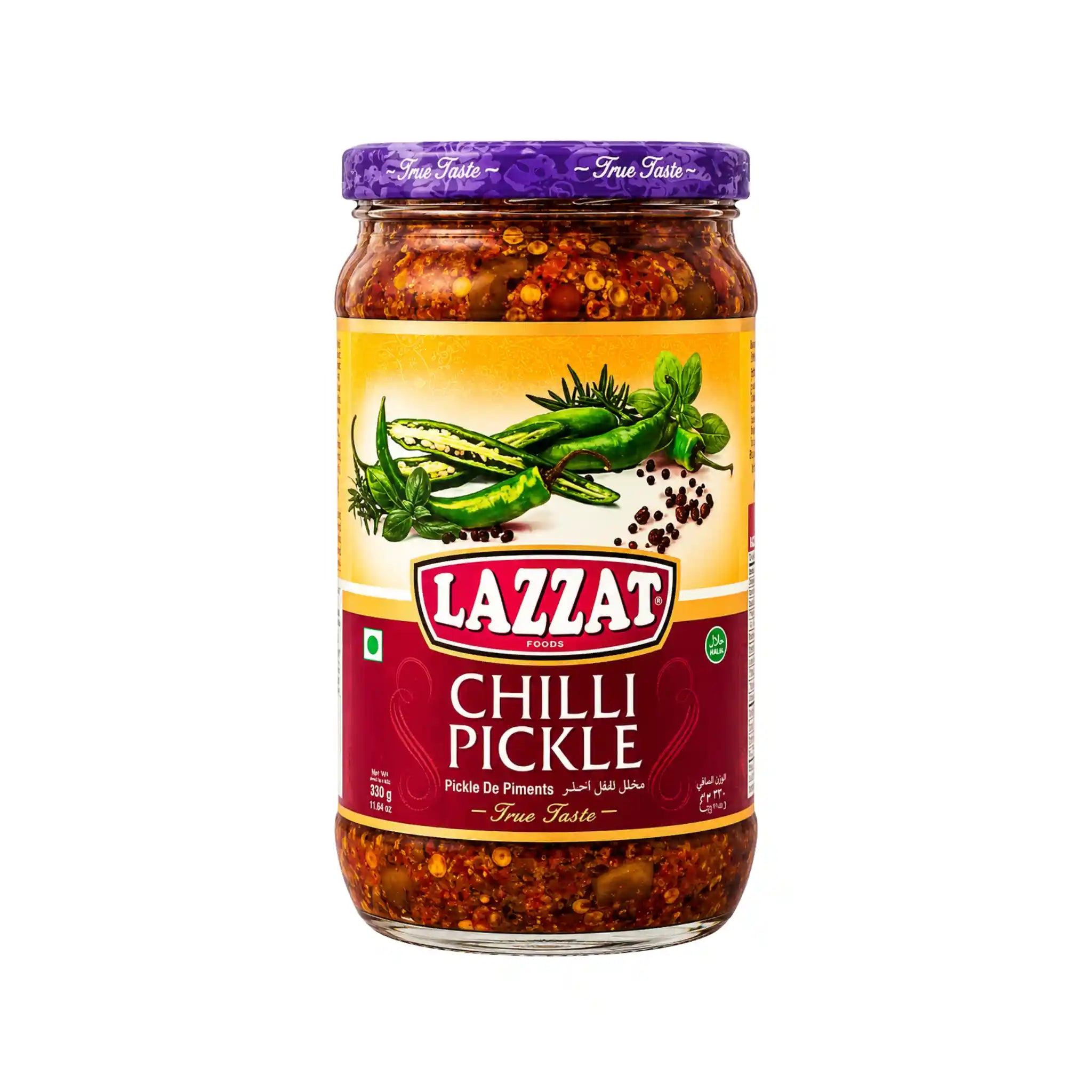 Chili pickle i olja i glasburk med LAZZAT-etikett