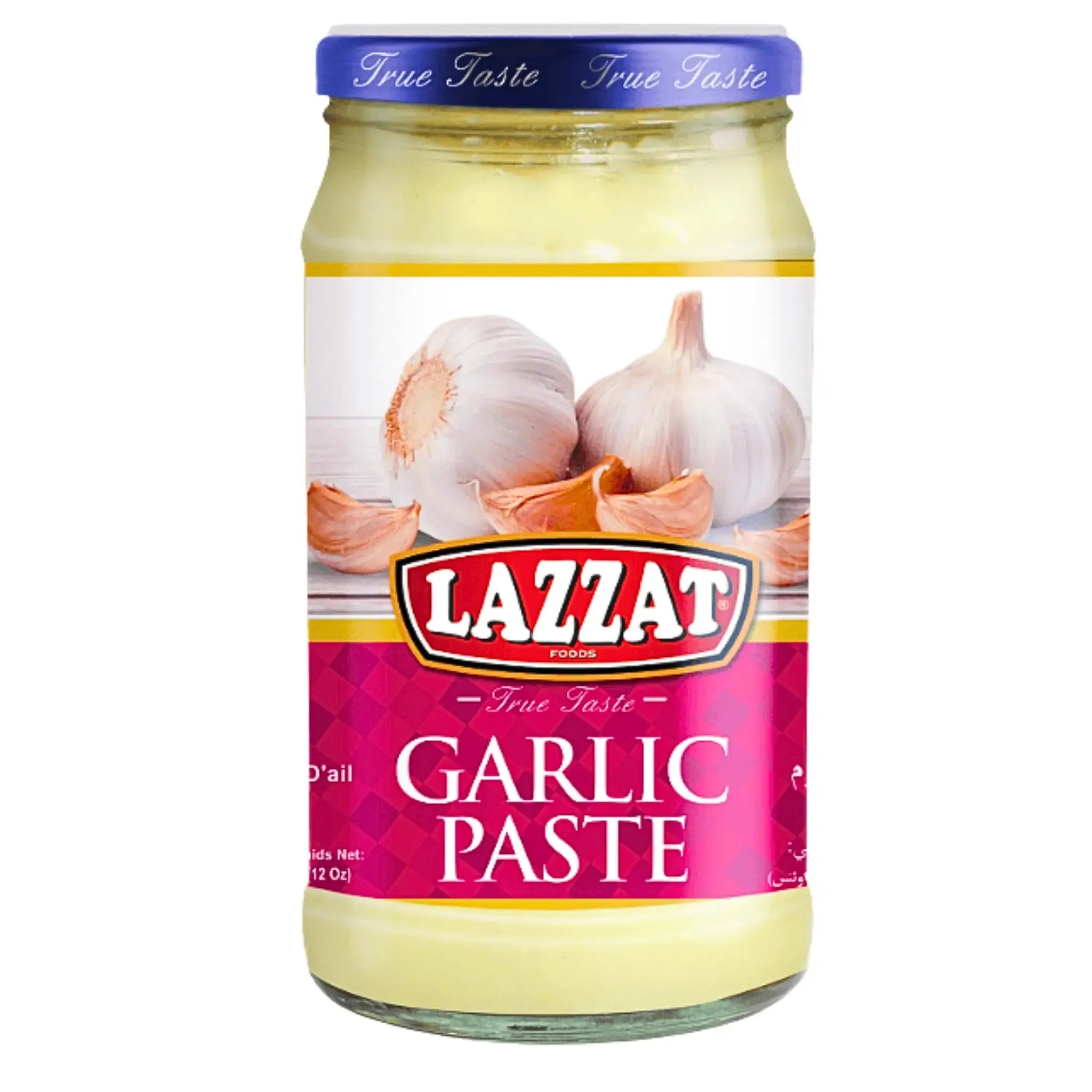 Glasburk med Lazzat vitlökspasta, synlig etikett med vitlöksklyftor.