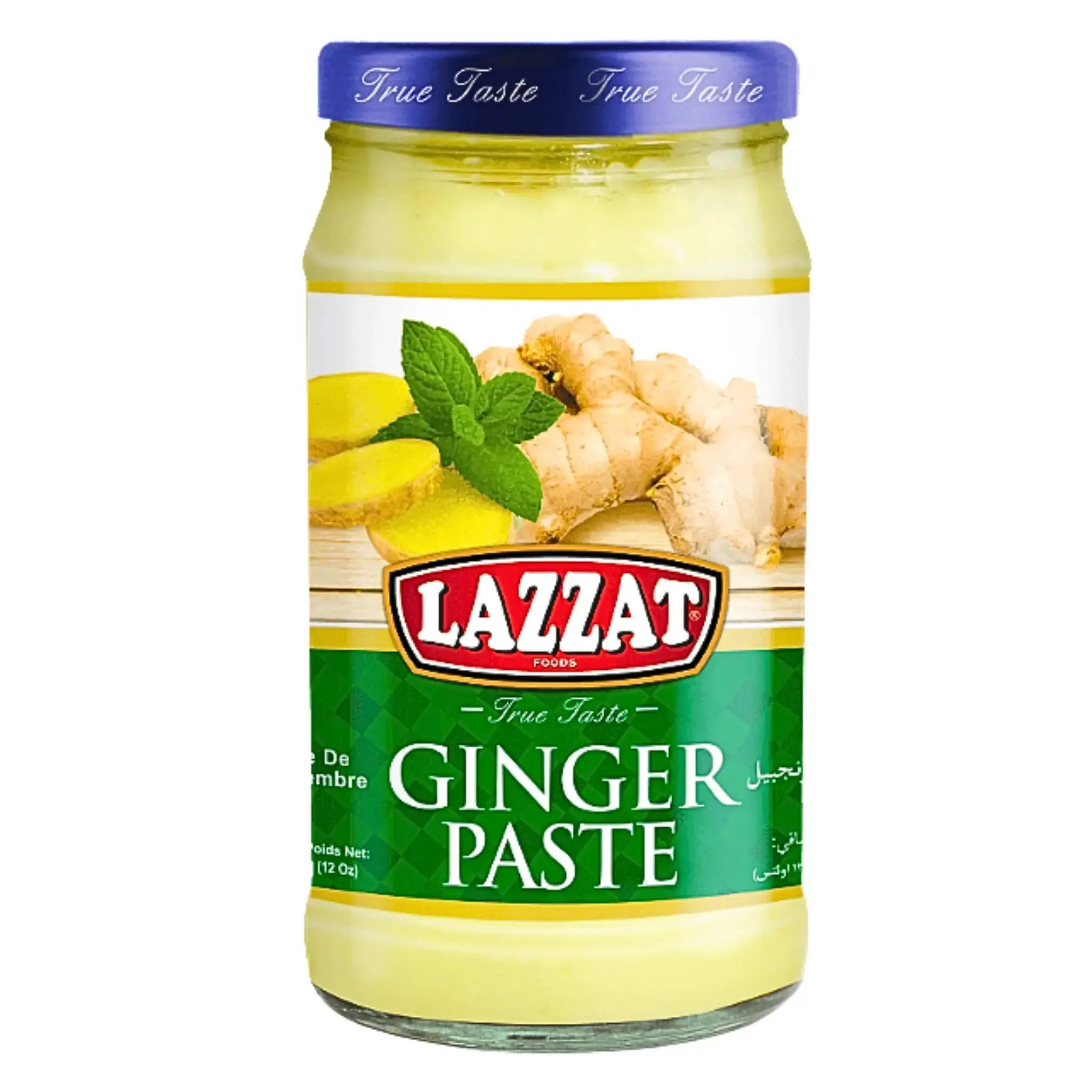 Glasburk med Lazzat ingefärspasta, grön etikett och färska ingefärsbitar på etiketten