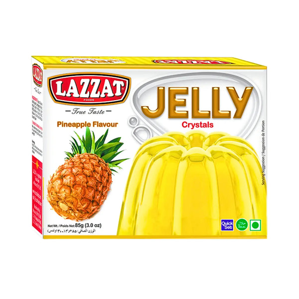 Lazzat Jelly Ananas 85g, förpackning med gul gelé och ananasbild på vit bakgrund.