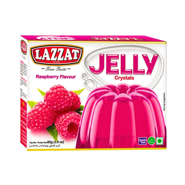 Förpackning med hallonsmakad gelé, bild på hallon och rosa gelé, 85g.