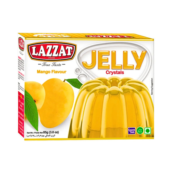 Lazzat mango gelégodispulver 85g med bild på mango och färdig gul gelé på förpackning.