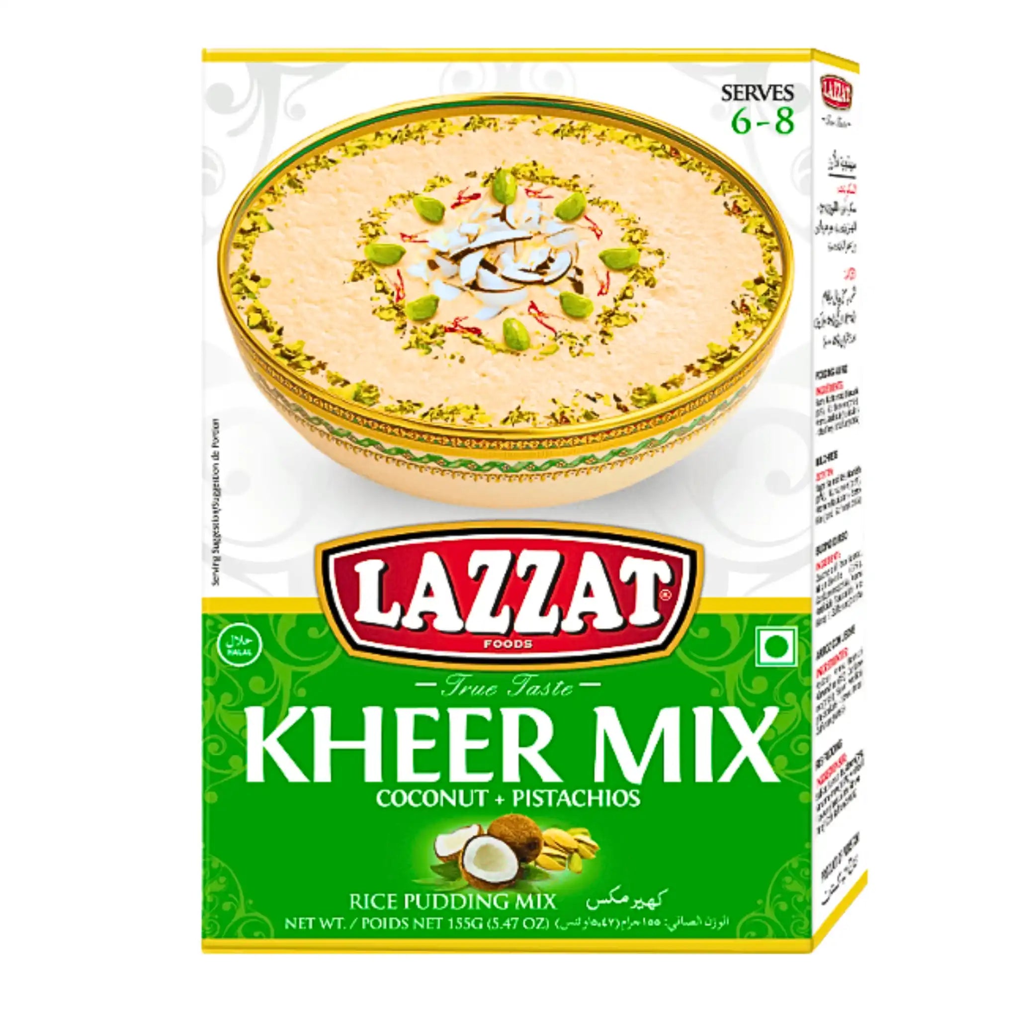 Kheer mix med kokos och pistage, rispuddingsmix i grön förpackning