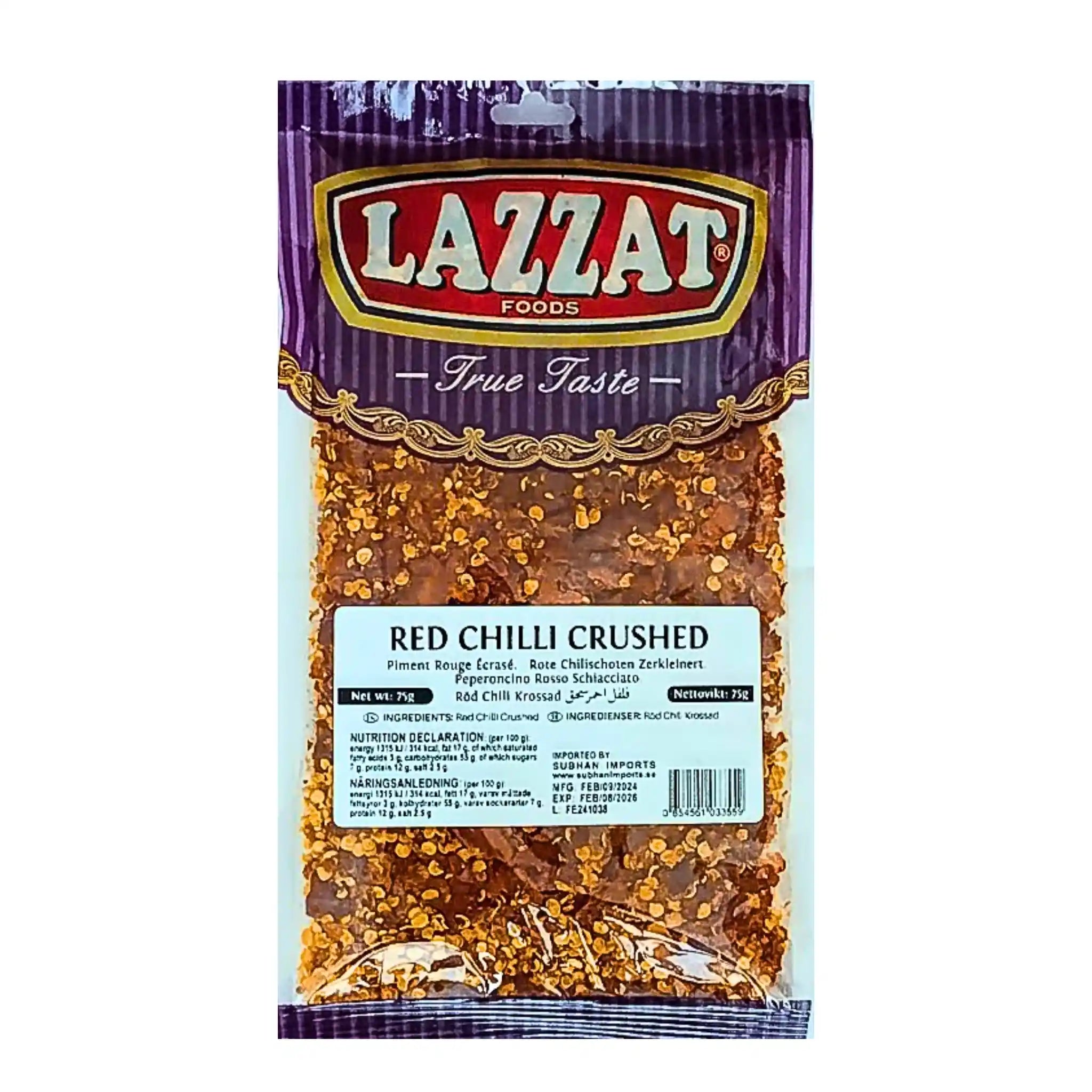 Påse med krossad röd chili, Lazzat, 75g, orientaliskt krydda granulat