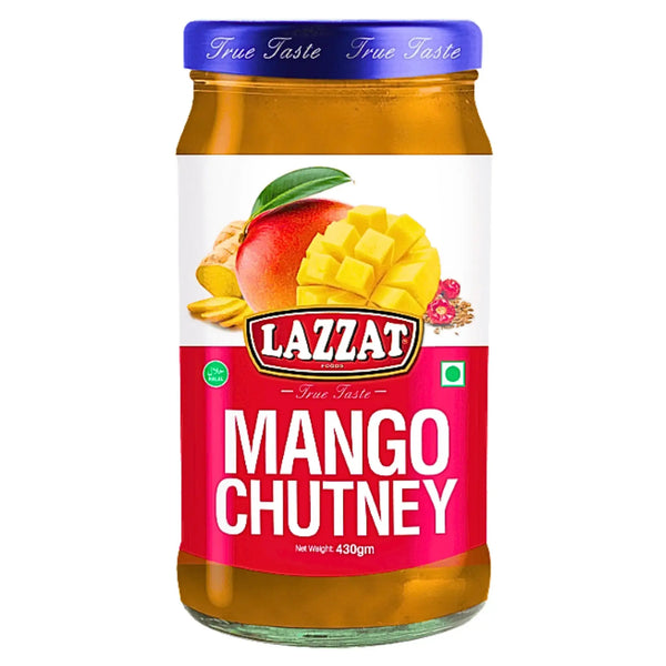 Glasburk med Lazzat mango chutney 430g, etikett med mango och kryddor, orientalisk mat