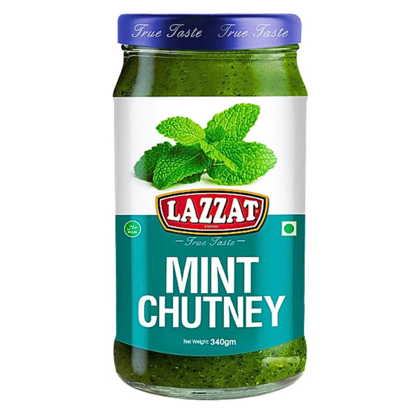 Glasburk med Lazzat mint chutney 340g, grön indisk sås med mynta på etiketten