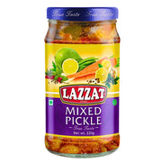 Glasburk med Lazzat mixed pickle i olja 330g, färgglad etikett med grönsaker och citrusfrukter.