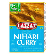 Kryddmix för Nihari curry, Lazzat, förpackning med köttgryta och två påsar inuti.