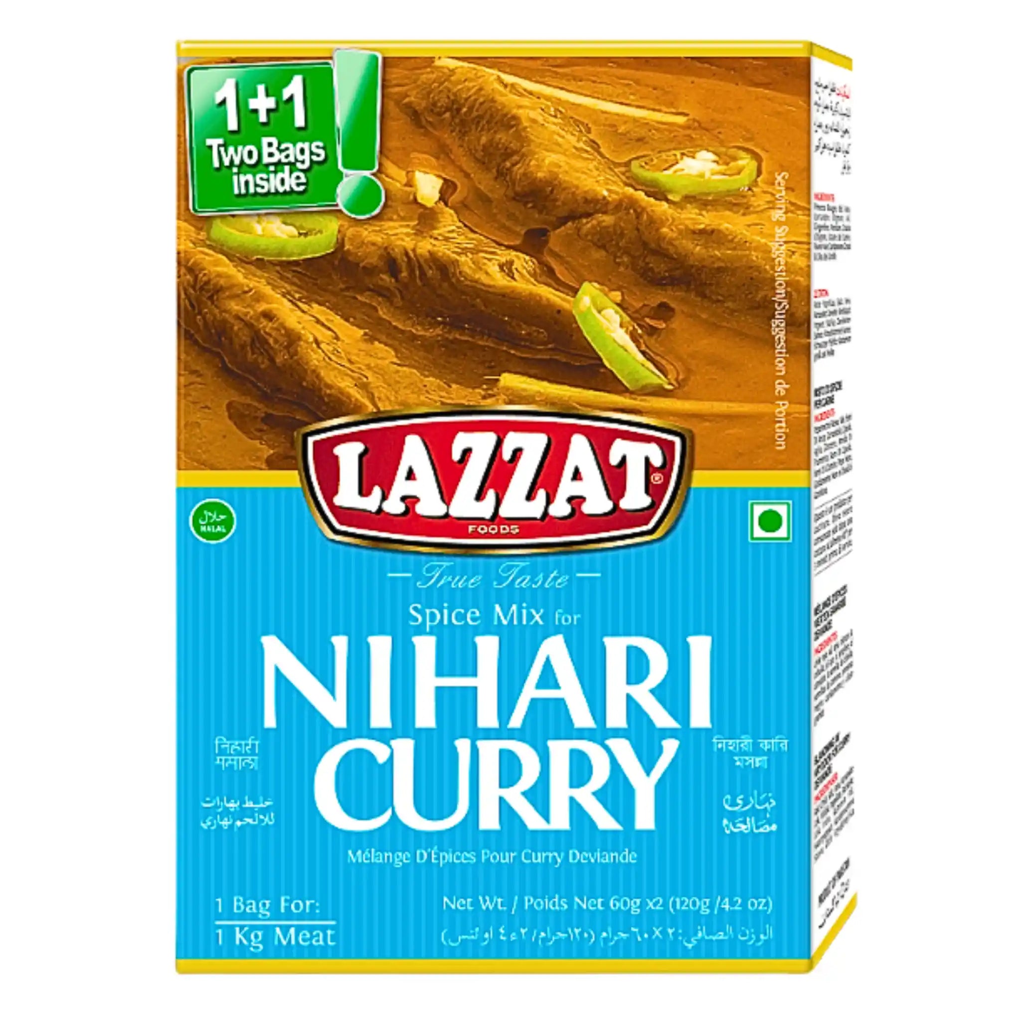 Kryddmix för Nihari curry, Lazzat, förpackning med köttgryta och två påsar inuti.