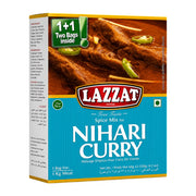 Lazzat Nihari curry kryddmix, förpackning med blå design och ingrediensinfo