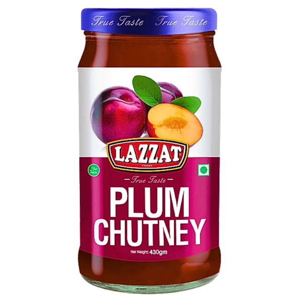 Glasburk med Lazzat plommonchutney 430g, etikett med bild på plommon