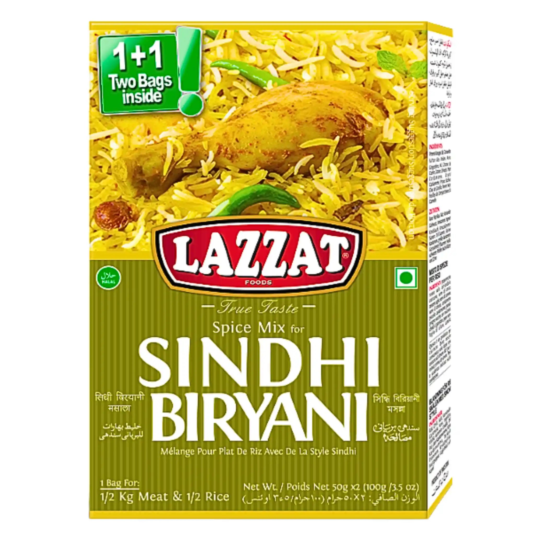 Kryddmix för Sindhi Biryani 100g, Lazzat, med bild på ris och kyckling.