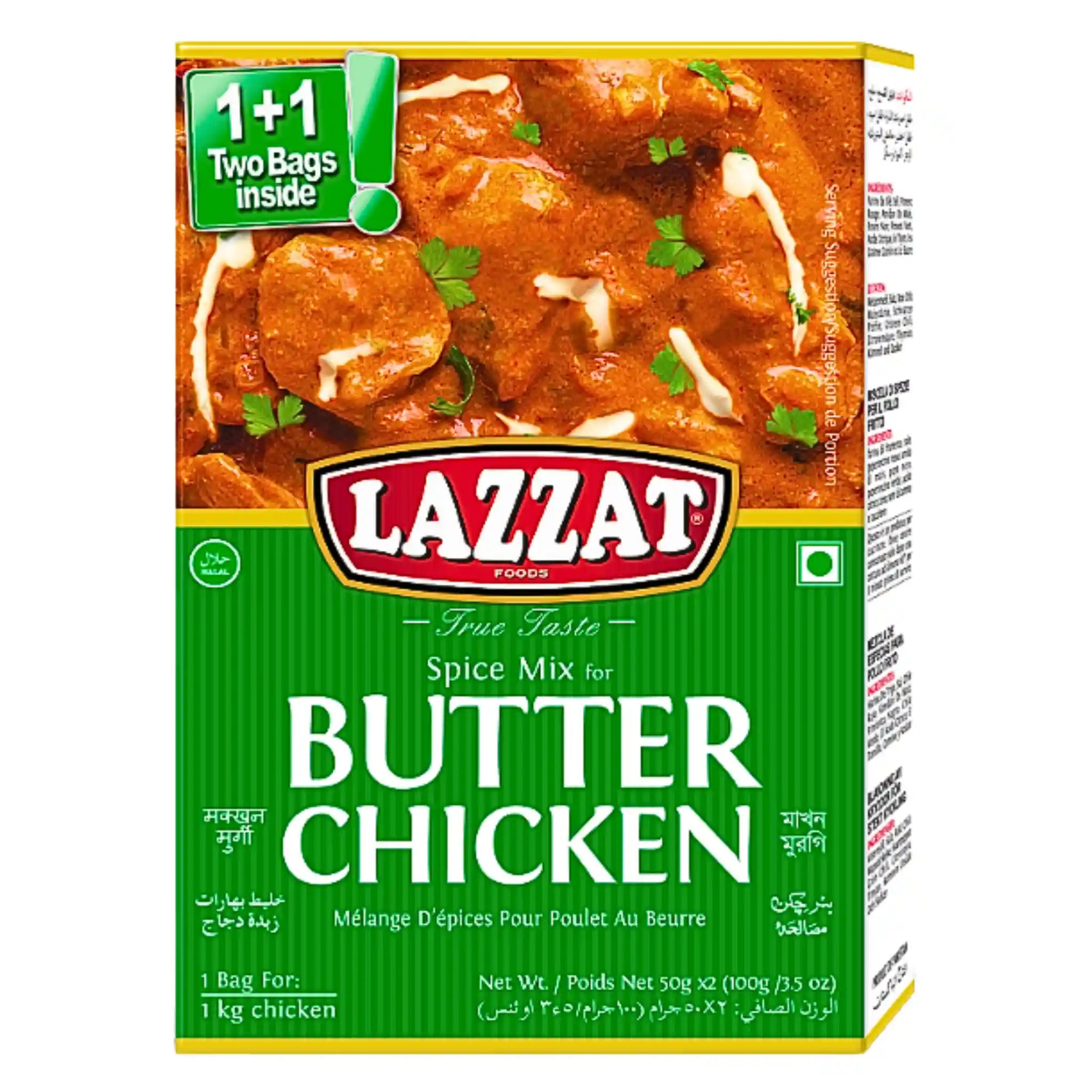 Lazzat smörkyckling masala kryddmix, 100g för butter chicken, förpackning med bild på maträtten.