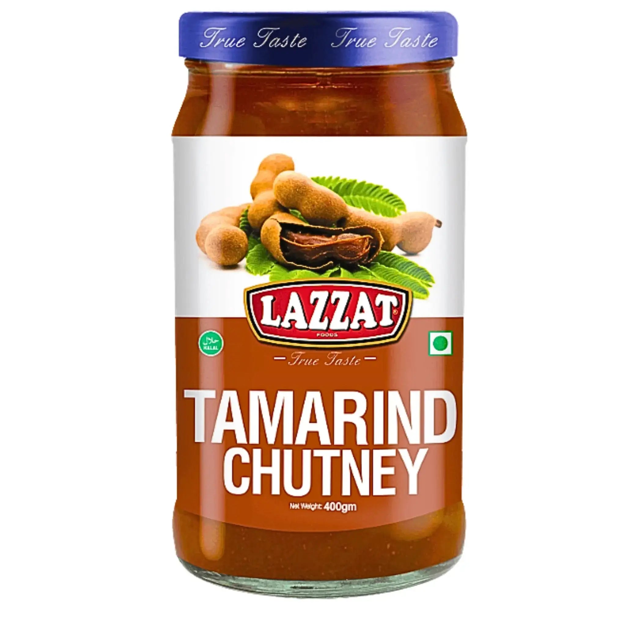 Glasburk Lazzat tamarind chutney 400g med tamarindfrukter på etiketten