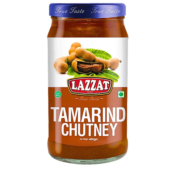 Glasburk Lazzat tamarind chutney 400g med tamarindfrukter på etiketten