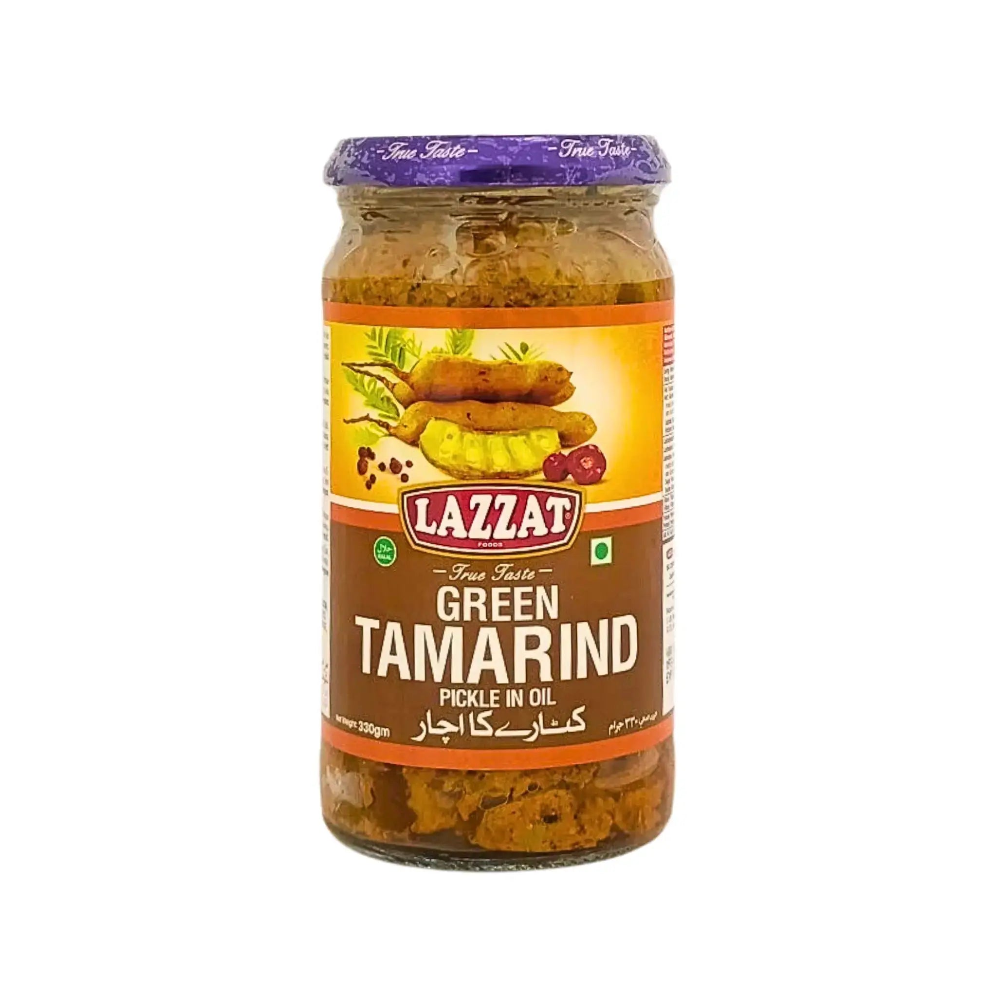 Glasburk med Lazzat Green Tamarind Pickle i olja, indisk chutney med grön tamarind, 430g