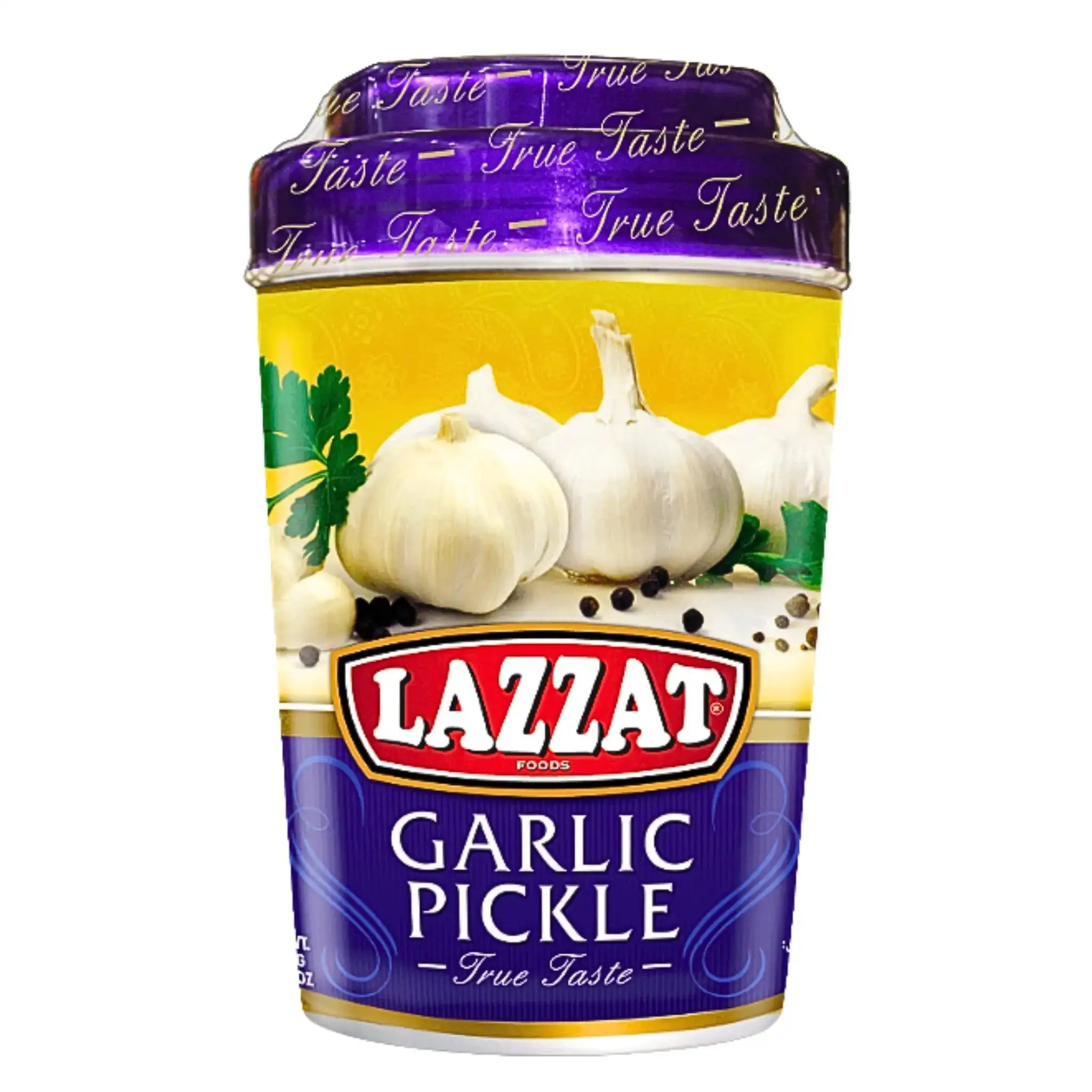 Burk med Lazzat vitlökspickle i olja, 1 kg, med vitlök och örter på etiketten