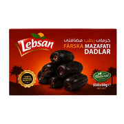 Lebsan färska dadlar i kartong, 550 g, mörka dadlar på framsidan