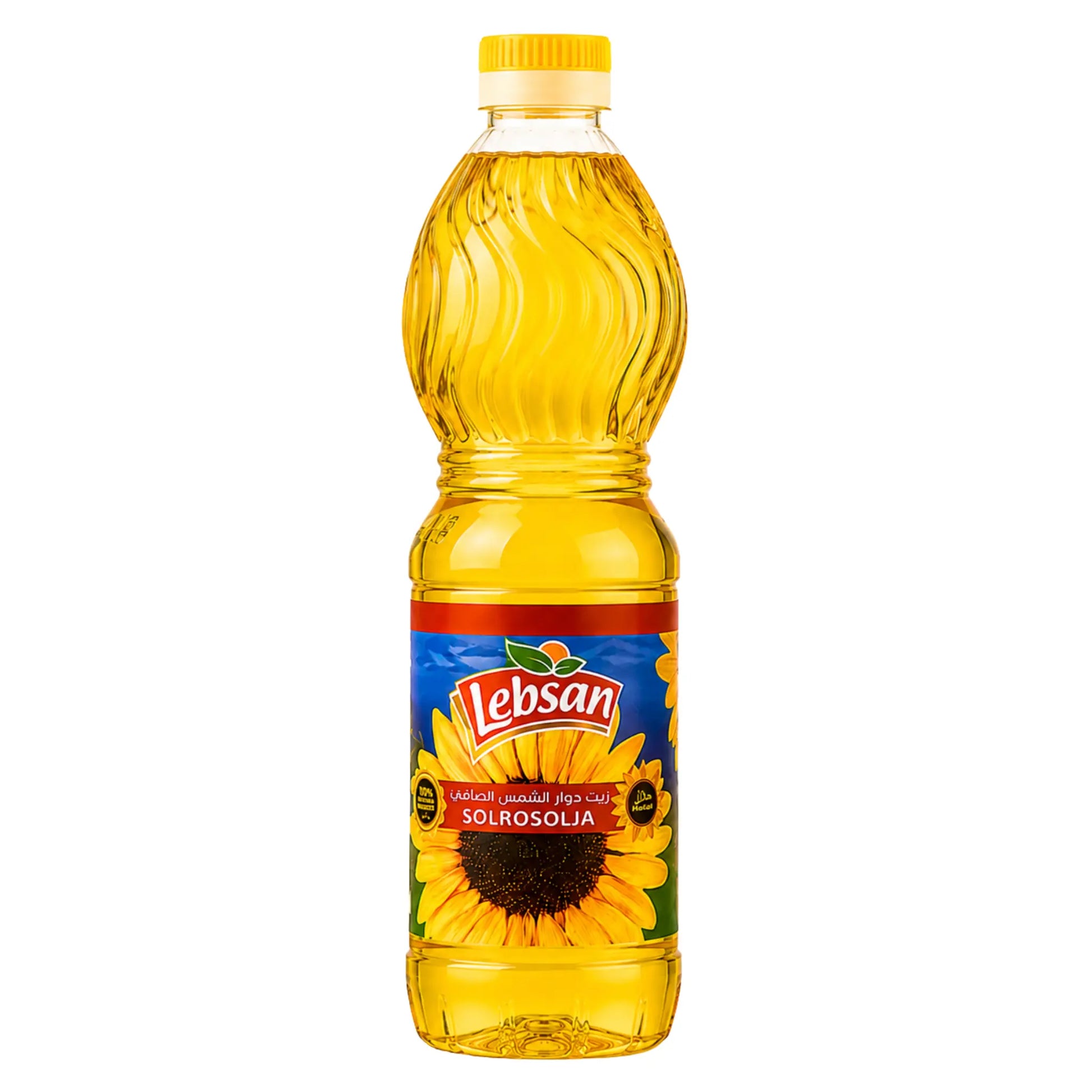 Solrosolja i plastflaska, gul vätska, gul kork, etikett med Lebsan
