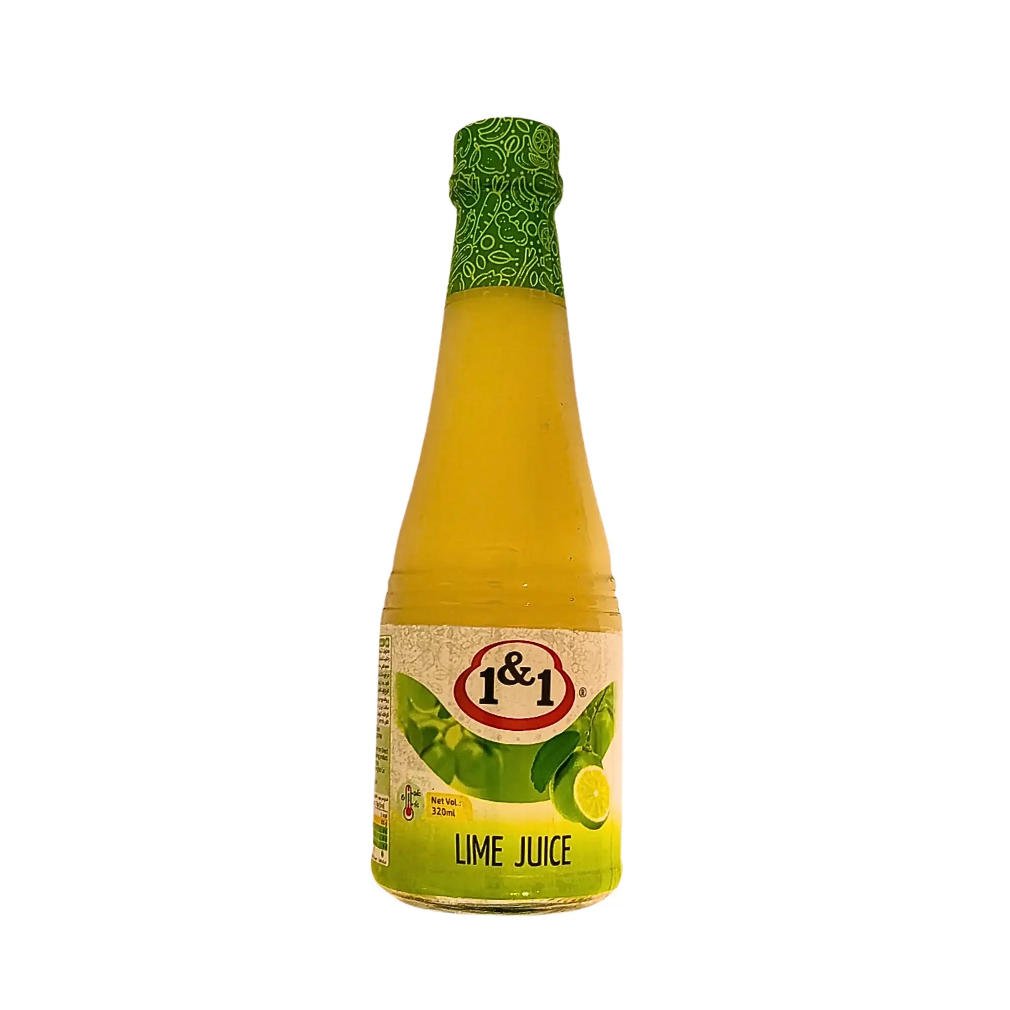 Flaska limejuice 1&1 med grön etikett och limefrukter på vit bakgrund