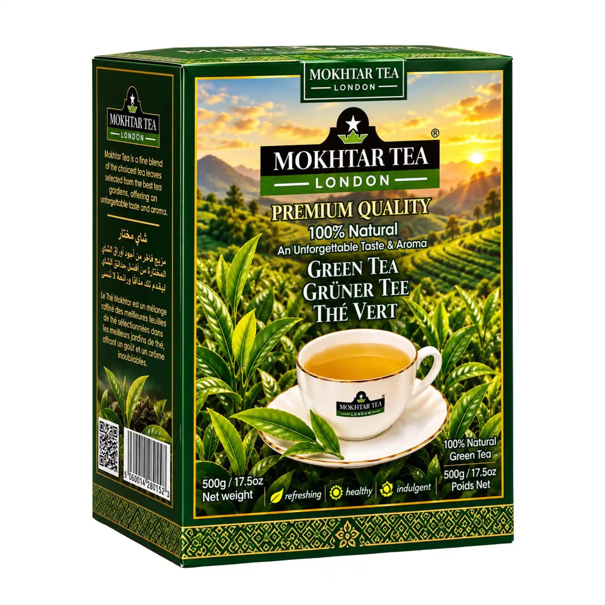Förpackning av London Mokhtar Grönt Te Premium 500g med lösa gröna teblad