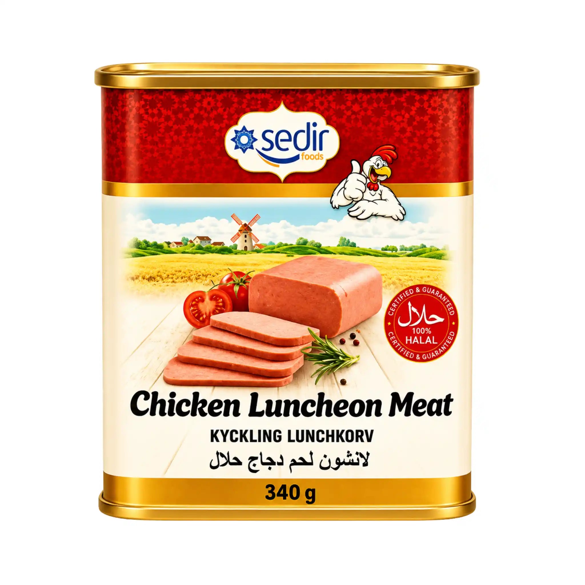 Kycklingluncheonkött i metallburk, 340 g, med guldlock