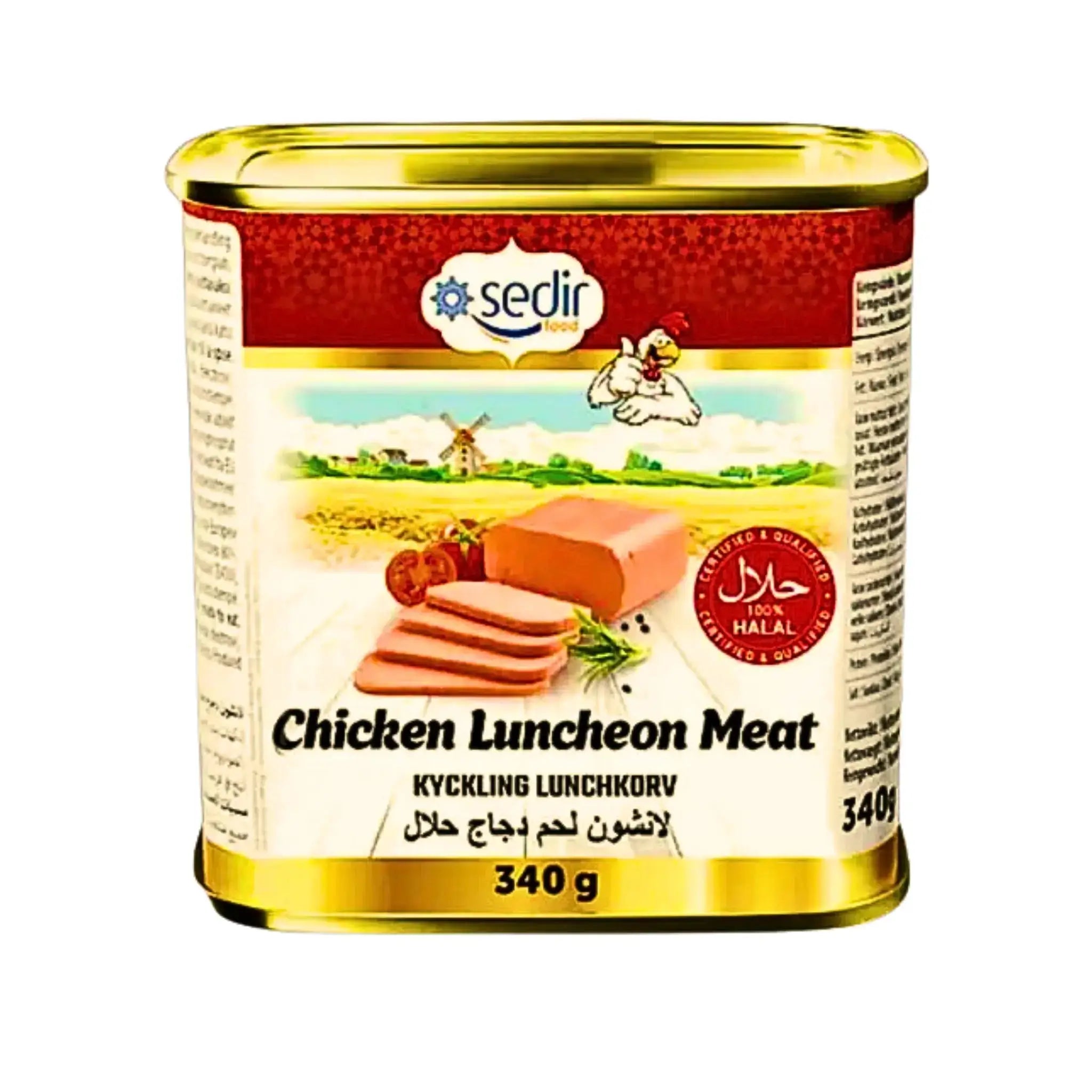 Kyckling lunchkött konserv 340g, halal märkt, guldfärgad burk, skivor utlagda, orientaliska livsmedel.