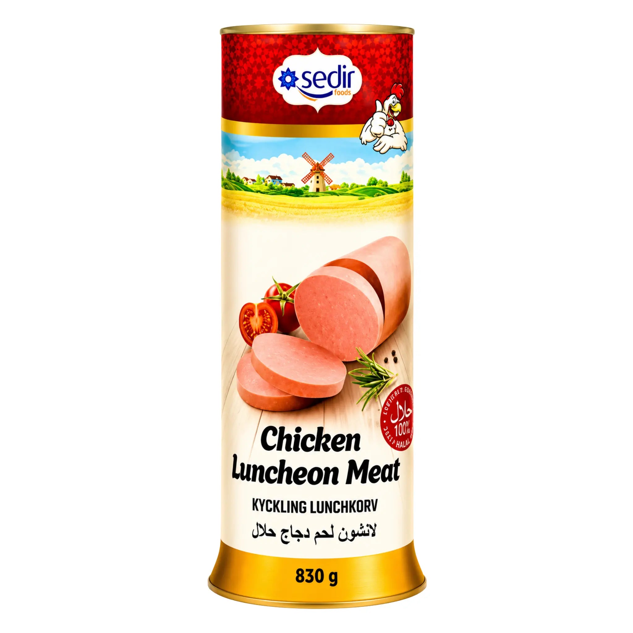 Kycklinglunchkött pålägg i metallburk, Sedir, etikett med 830 g