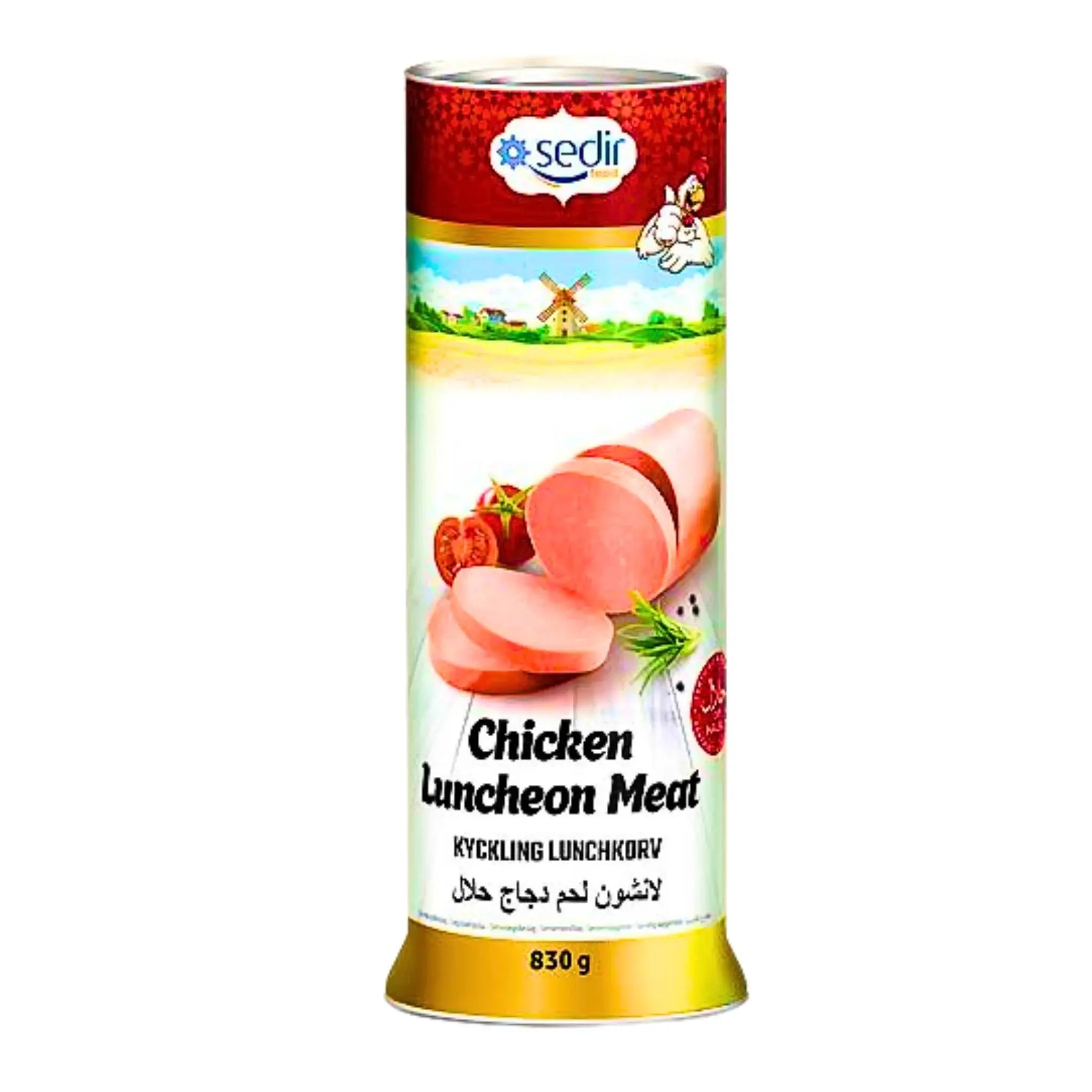 Sedir kyckling lunchkorv 830g konserv med skivor, illustrationer av tomat och örter på etiketten.