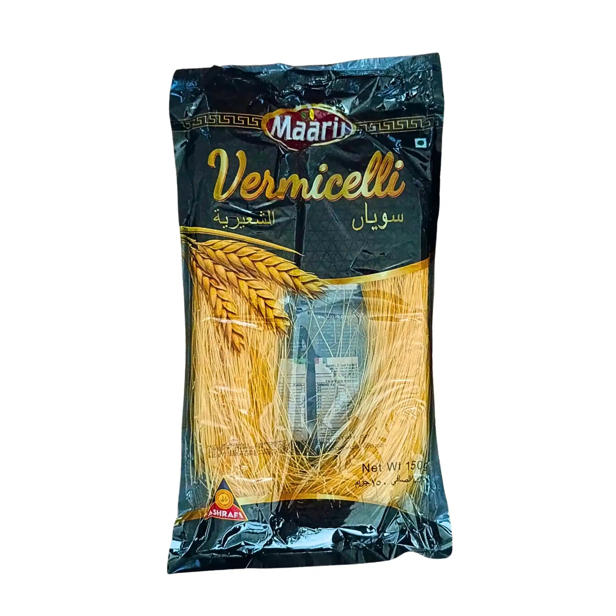 Förpackning med rostad vermicelli 150g, illustration av vete, orientalisk pasta.